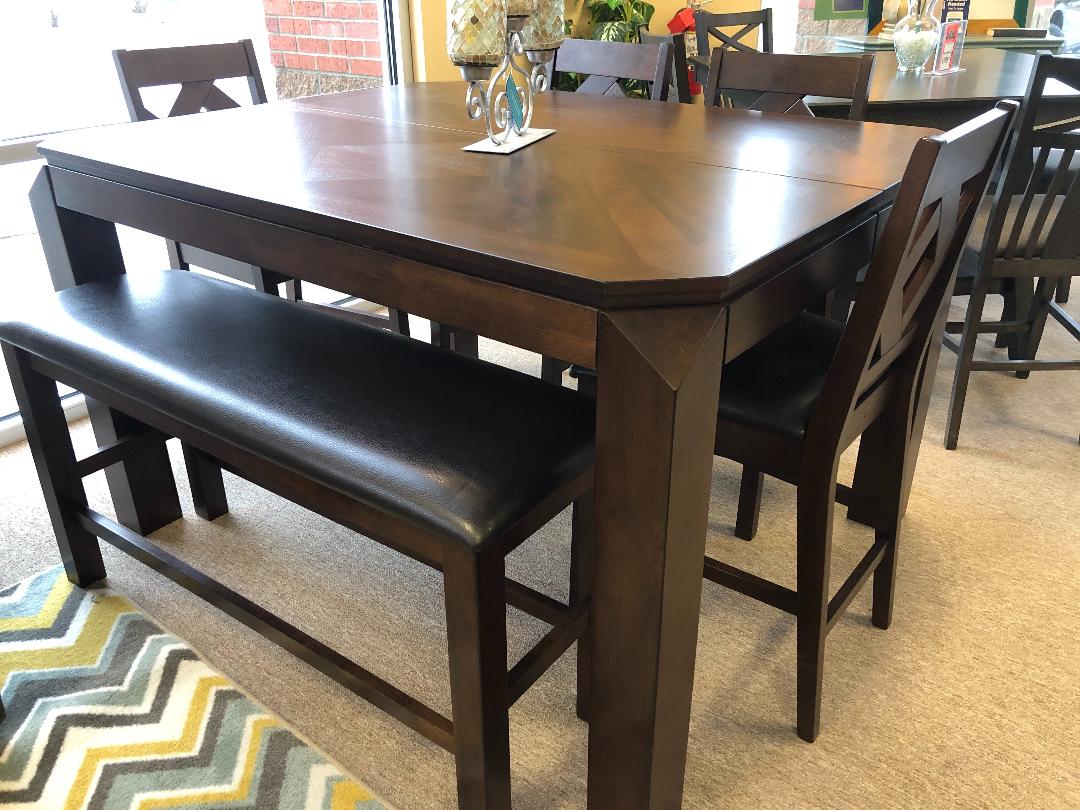 DIAMOND PUB TABLE W/4 CHAIRS AND BENCH